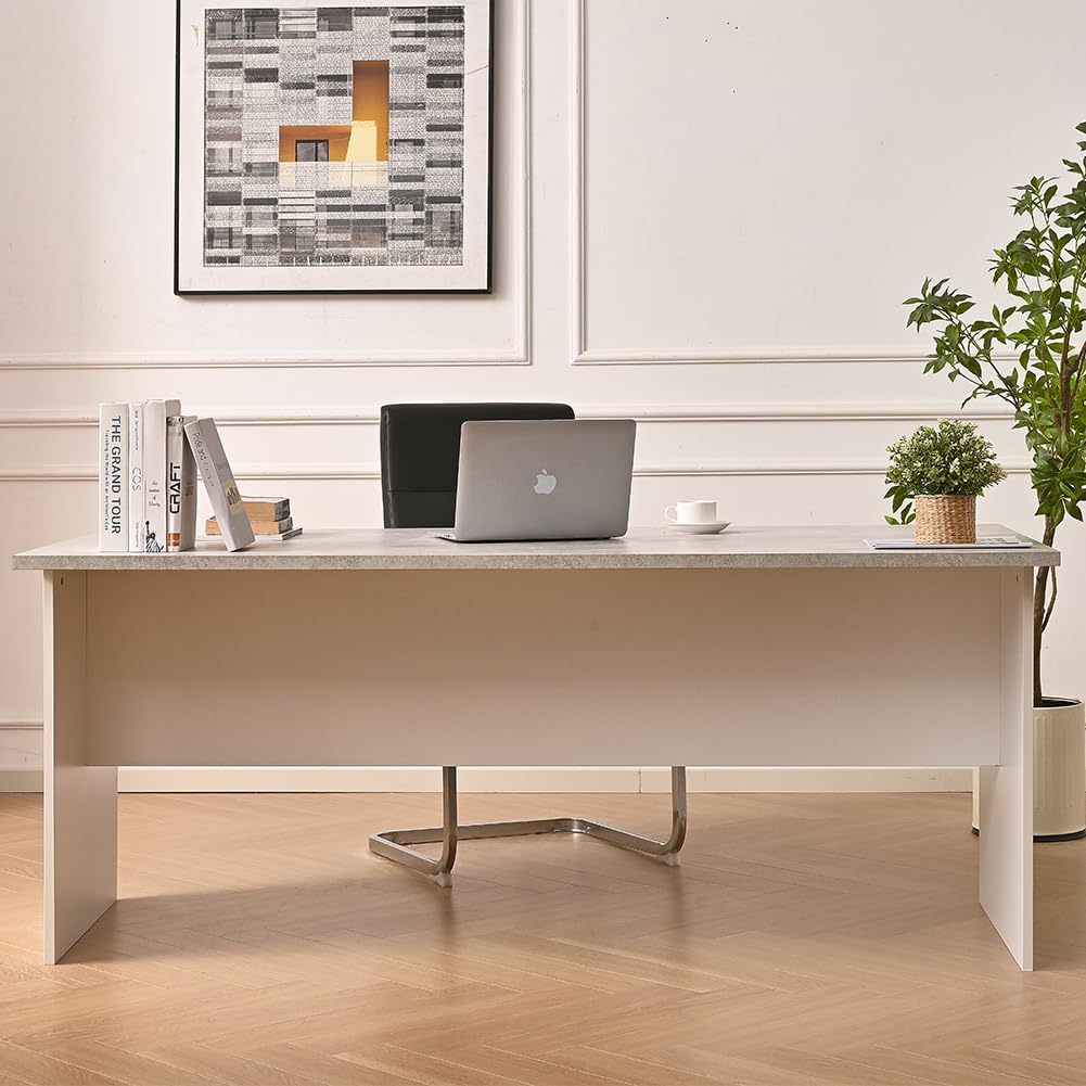 Shally Dogan Scrivania da Ufficio in Legno per Computer, Tavolo Desk Porta PC per Studio, Lavoro, Cameretta, Home Office Stile Moderno, Resistente agli Urti, 160x80x74cm (Cemento e Bianco)