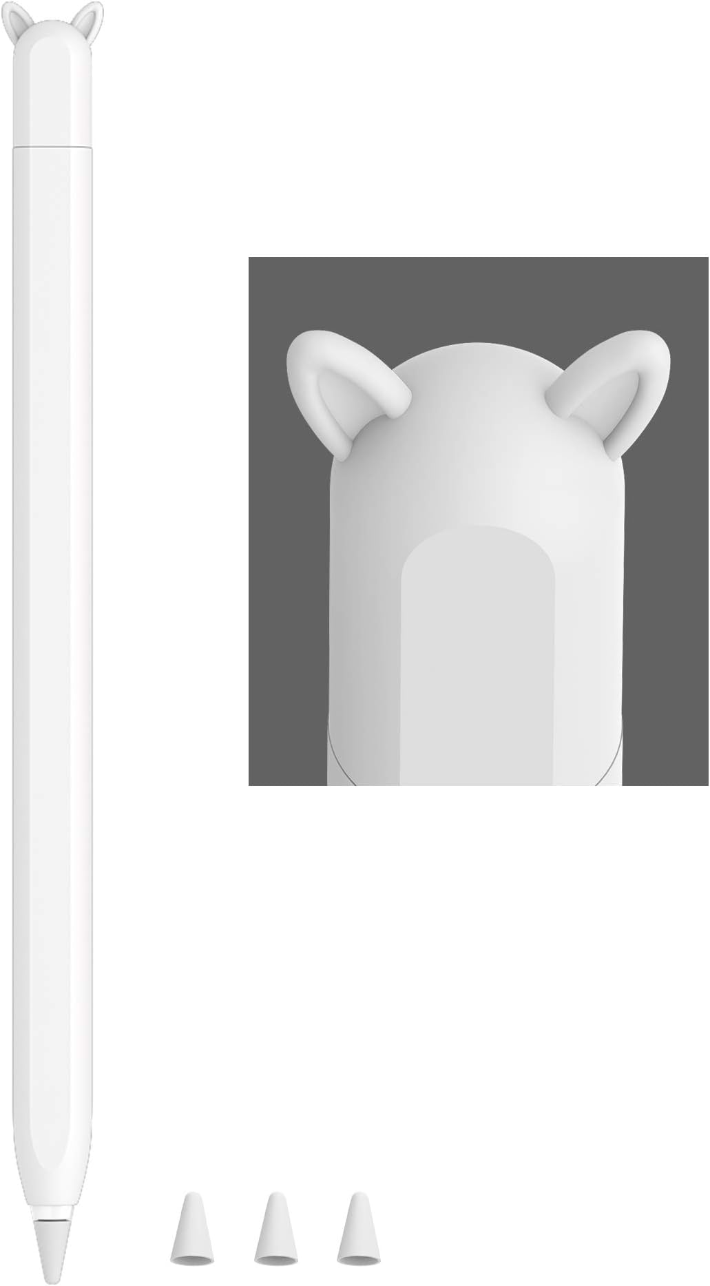 Cute Ear Case Silicone Skin Cover for Apple Pencil 2nd Generation, and Protective Nib Cover Accessories Compatible with iPad Pro 11 12.9 inch,White