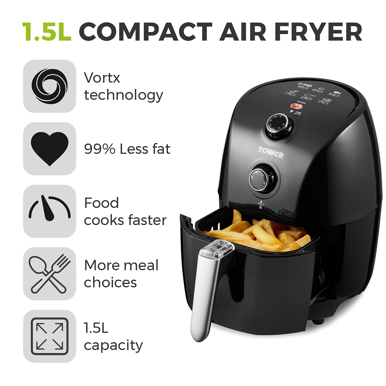 Tower T17025 Vortx Compact Air Fryer with Rapid Air Circulation, 30Minute Timer, 1.5 Litre