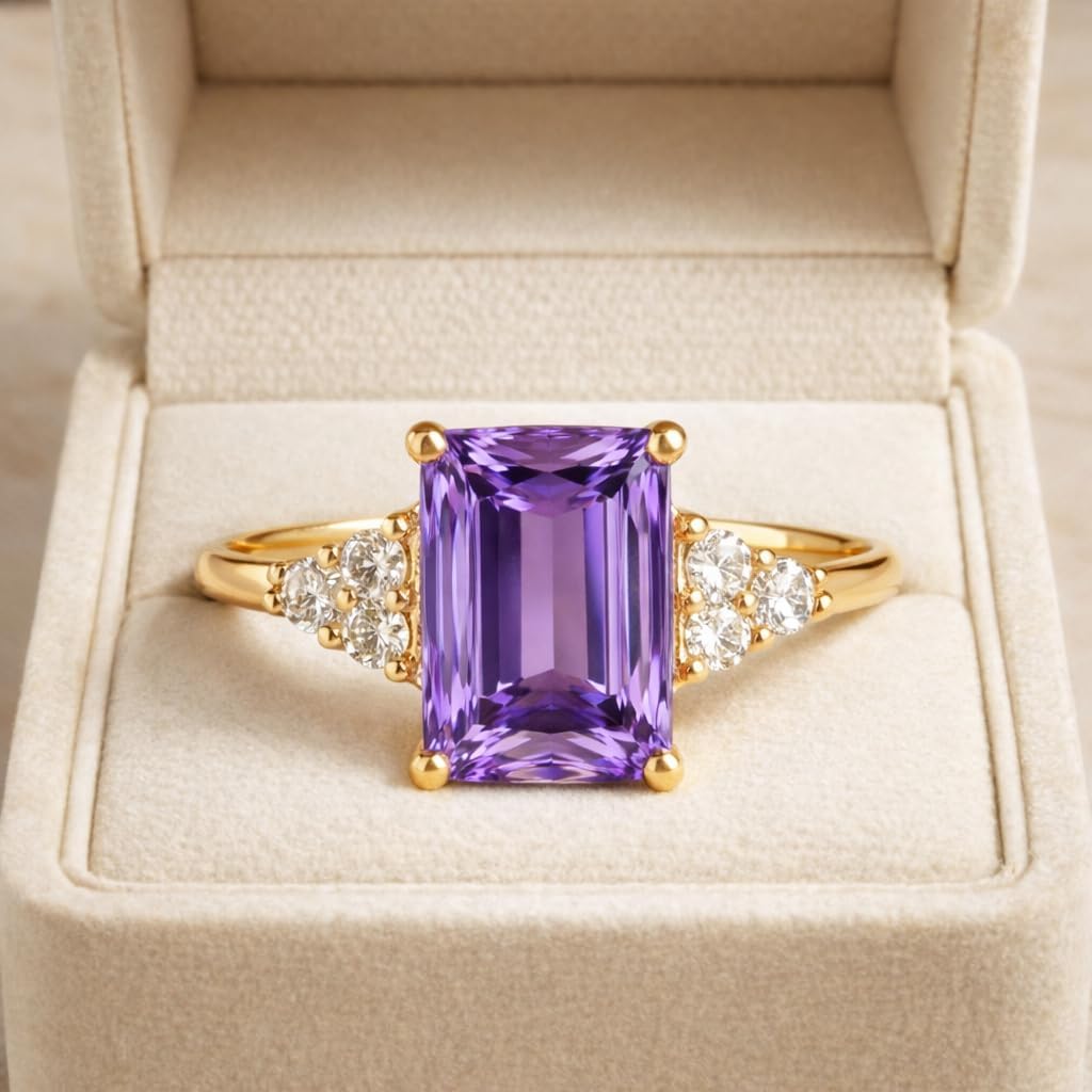 Emerald Cut Purple Amethyst Engagement Ring 14K Yellow Gold Diamond Accent Statement Ring February Birthstone Promise Ring Gift for Her