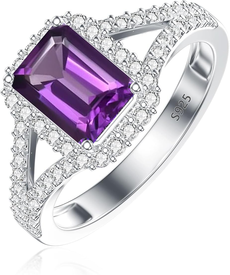 Natural Amethyst Ring 925 Sterling Silver Emerald Cut Purple Gemstone Engagement Ring for Women