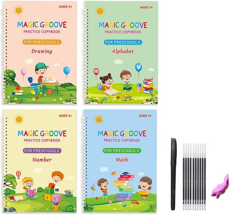 Graphene Magic Practice Copybook Set, Enhance Learning with Alphabet, Numbers, English, Math, Reusable, Engaging Education for Preschoolers, Includes 4 Books, 1 Pen, Gripper & Refills