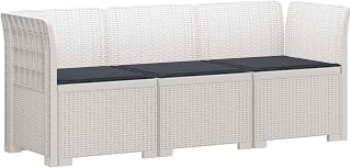 3-Sitzer Gartensofa modular Rattan-Optik PP Couch Balkon Weiß | Modulare Lounge-Ecke aus robustem Kunststoff für Terrasse und Garten, inklusive bequemer grauer Auflagen.