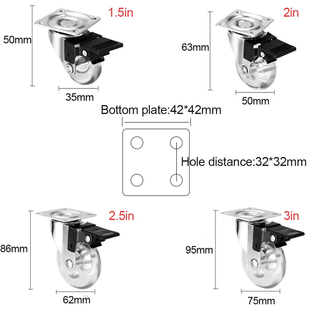 Ruedas giratorias de Poliuretano Transparente de 3 Pulgadas con rotación de 360 Grados y Placa Superior de Bloqueo (2 Ruedas giratorias + 2 Ruedas con Freno de 2,5 Pulgadas)
