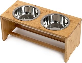 lionto erhöhter Hundenapf aus robustem & pflegeleichtem Bambus, 44x20x19 cm, doppelter Futternapf für Hunde & Katzen, 2 Edelstahlnäpfe Ø 14 cm & je 550 ml Fassungsvermögen, rutschfest & gelenkschonend product image