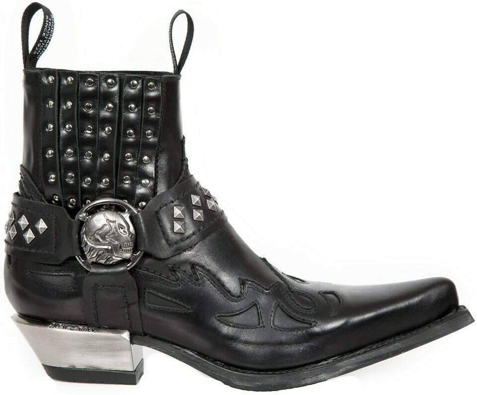 New Rock M.7950-S9 Black Ankle Boots Western Goth Strap Skull Studded Metal 44