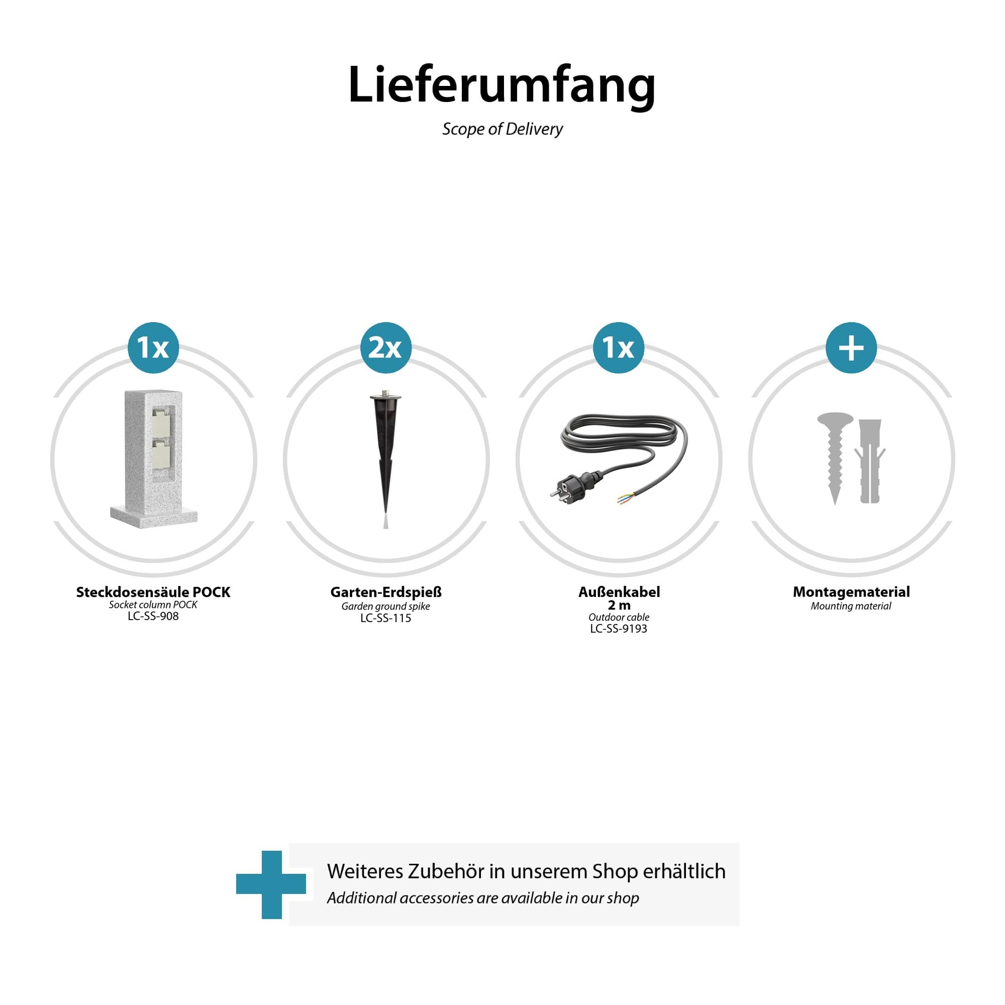 ledscom.de Garten-Steckdosen-Säule Pock mit Erdspieß und 2m Kabel für außen, 2-Fach, Stein-Optik, Kunstharz, eckig, 30cm
