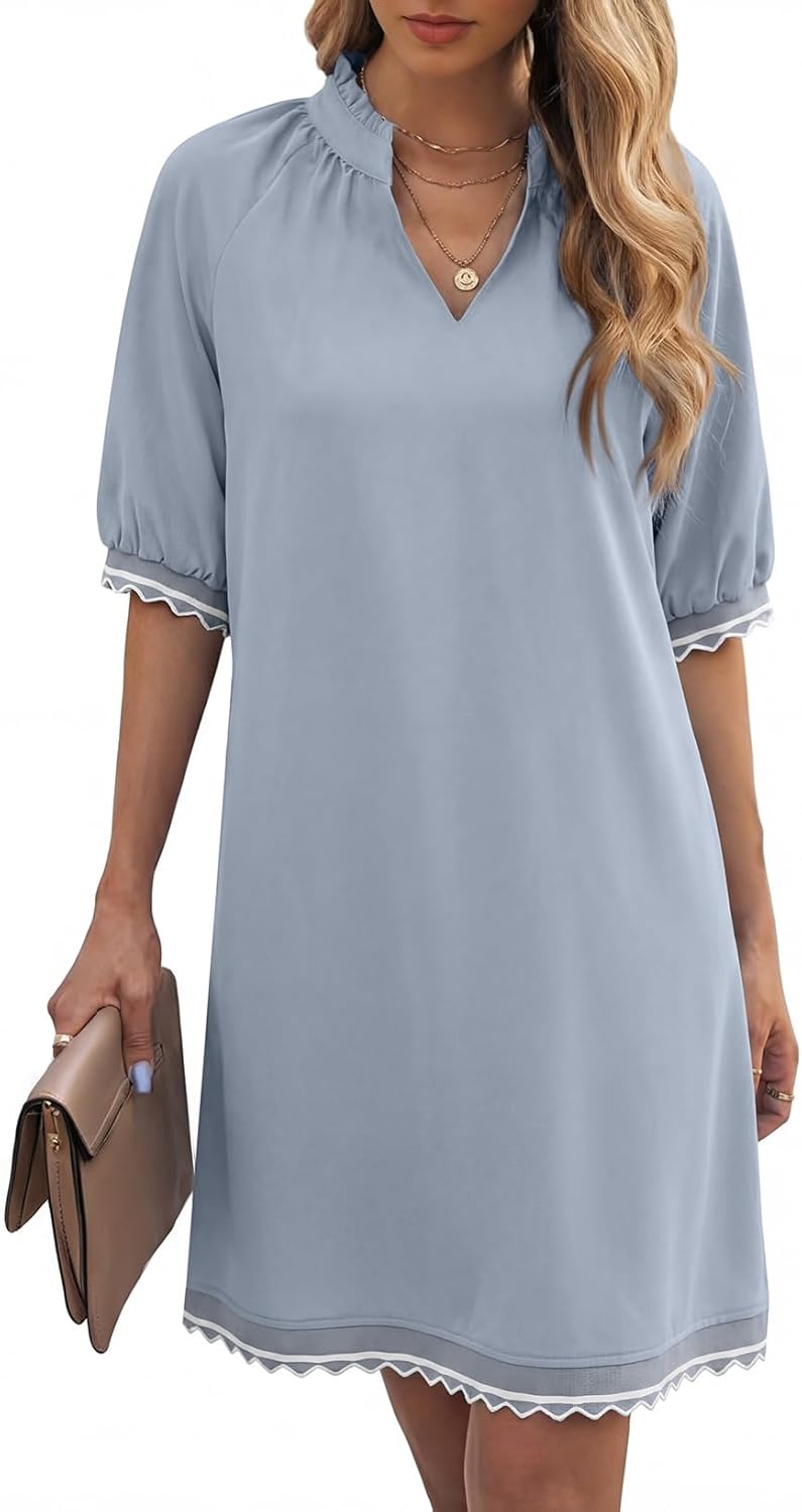 EVALESS Dresses for Women Casual V Neck Holiday Dress Loose Ruffle Wedding Guest Dresse 2026 Summer Dress with Pockets