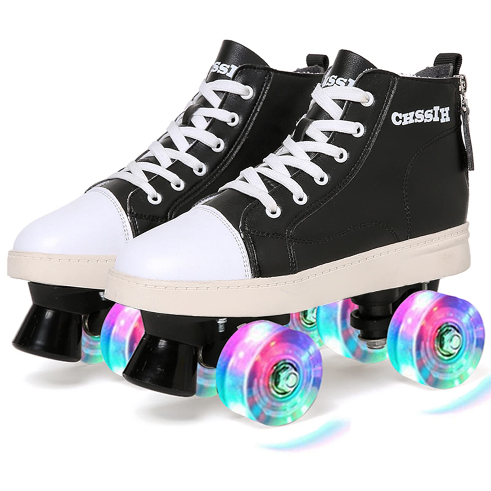 PLMOKN Roller Skates Women Outdoor Mens Quad Wheels Light up Girls Black  Classic Double Row Beginner Leather Roller Shoes