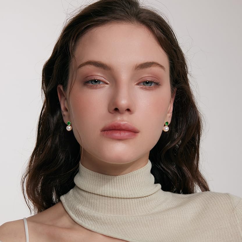 FarF&ME 6.5MM Freshwater Pearl with Green Cubic Zirconia Studs, Small 18K Gold Plated Pearl Earrings for Women, Dainty Lightweight Bridal Wedding & Everyday.3