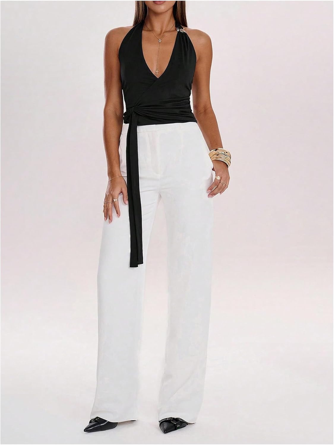 Women's Deep V Neck Wrap Halter Top Y2K Tie Backless Sleeveless Going Out Rave Tank Top - Image 5