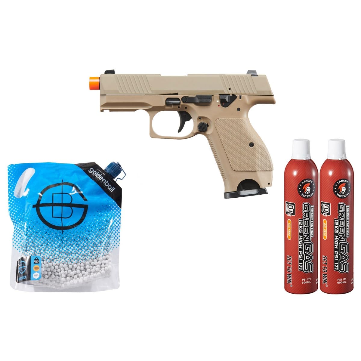 Kizuna Works KW-15K Gas Blowback Airsoft Pistol with Two Pack of Green Gas &amp; BBS (Metal/FDE)