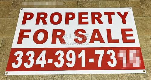 Miniatura 2 de 28" X 46" Impreso personalizado PROPERTY FOR SALE Banner Sign con su número de teléfono (diseño #2), cambio de texto existente disponible (opcional)