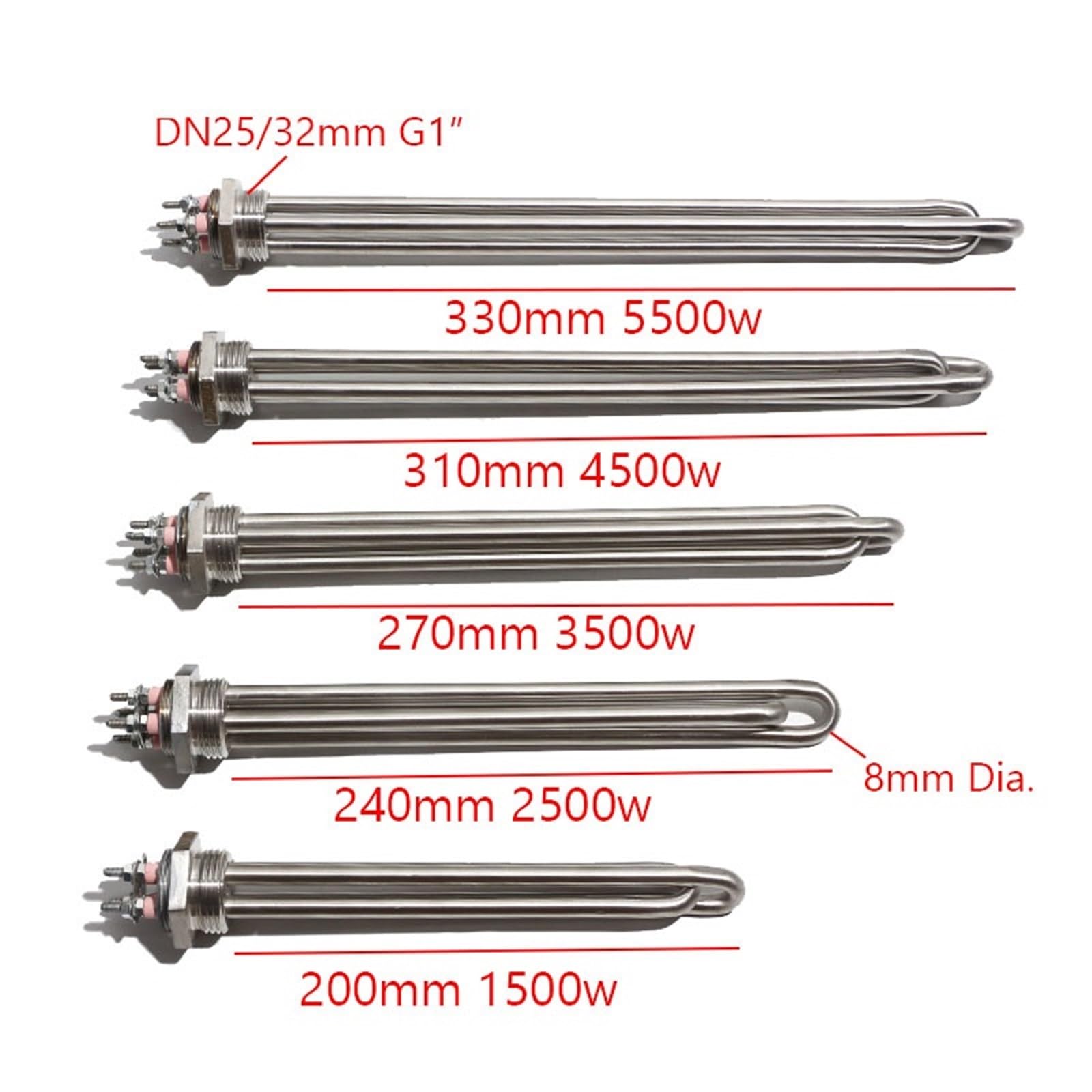 Element grzewczy solarny do wody DN25 32 mm G1" z gwintem 120 V 220 V, 1500 W2500W3500W4500W5500W z kubkiem (z wszystkimi zapalnikami, 220 V, 2500 W, 240 mm)