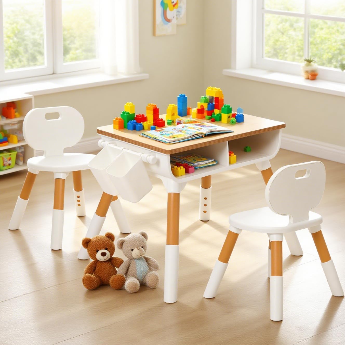 Mesa infantil con 2 sillas, altura regulable, grupo de asientos infantiles para guardería, escritorio para niños con espacio de almacenamiento y silla infantil, juego de sillas para niños