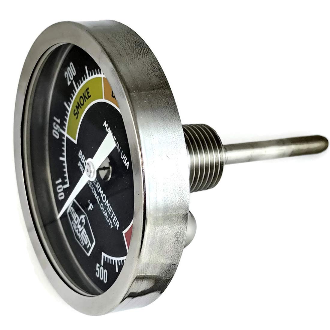 Midwest Hearth BBQ Smoker Thermometer, 3" Dial, ASME Grade A, Glass Lens, Made in USA, 4-in Stem, Black Dial