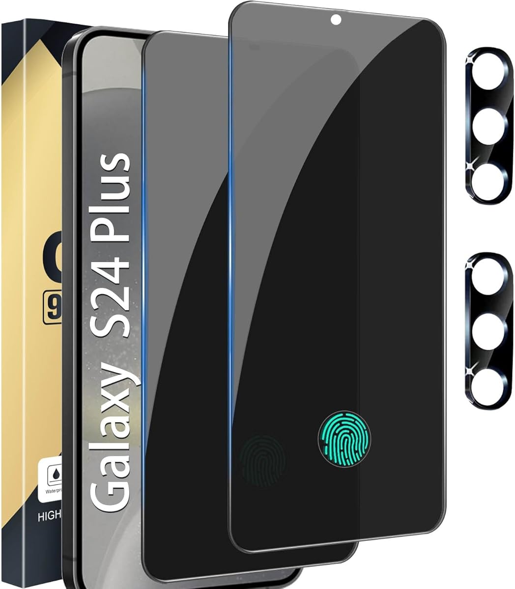[2+2 Pack] Privacy Screen Protector Compatible with Galaxy S24 Plus 5G, 2 Tempered Glass Film with 2 Camera Lens Protectors, Easy Installation, High Clarity, Anti-Spy Protection