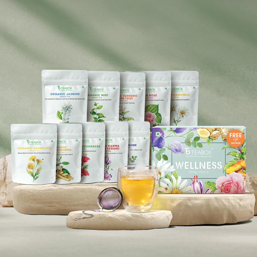 Teabox Ayurvedic Wellness Tea Trial Pack – 10 Premium Herbal & Green Teas, Free Valencia Glass Teacup & Ball Infuser – Relaxation, Detox, Immunity Blend