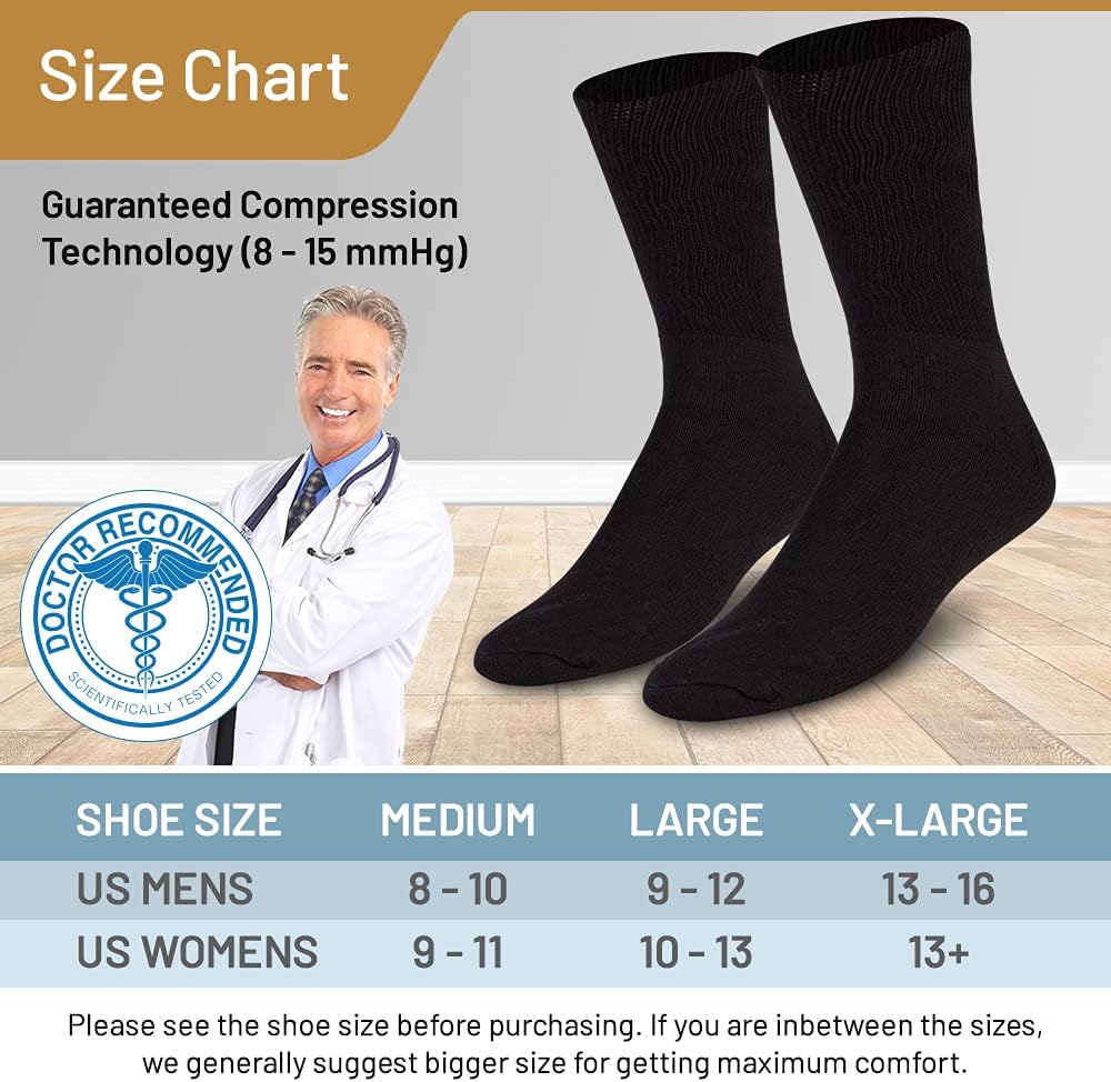 MB55 Premium Cotton Diabetic Socks for Men - Lightweight and Non-Binding Loose Top Socks for Circulation Problems, Diabetics, or Neuropathy - 3 Pairs Cushioned Crew Socks (Black, X-Large) : Health & Household