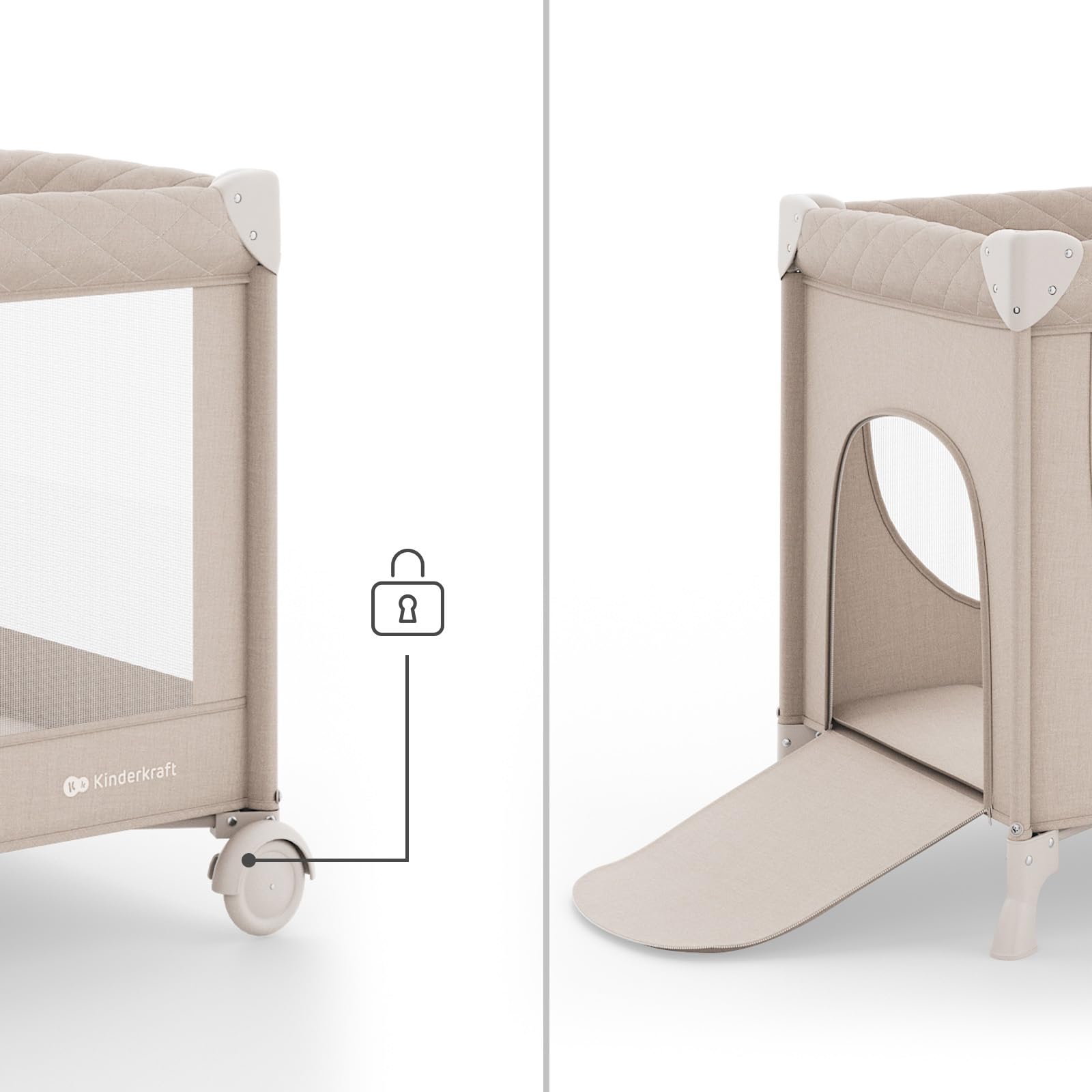 Kinderkraft LEODY UP lit bébé et lit de Voyage 2-en-1, Parc sécurisé, Pliage en Un Geste, 2 Niveaux de Couchage, roulettes avec Frein, entrée latérale zippée, Beige