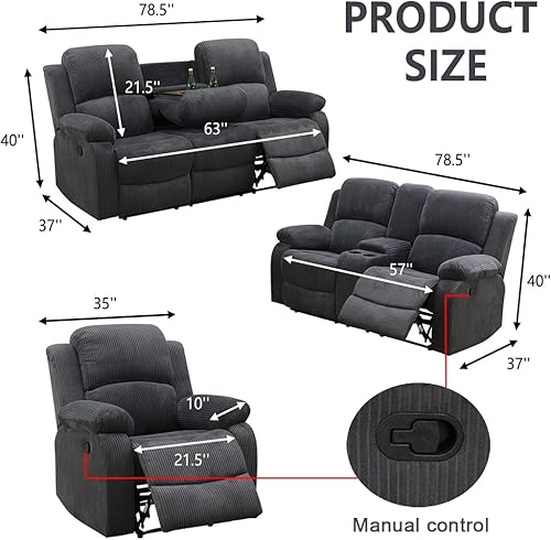Miniatura 2 de Juego de sofá reclinable manual, juego de sofá reclinable de pana, juego moderno de muebles para sala de estar, sofá reclinable con silla para sala