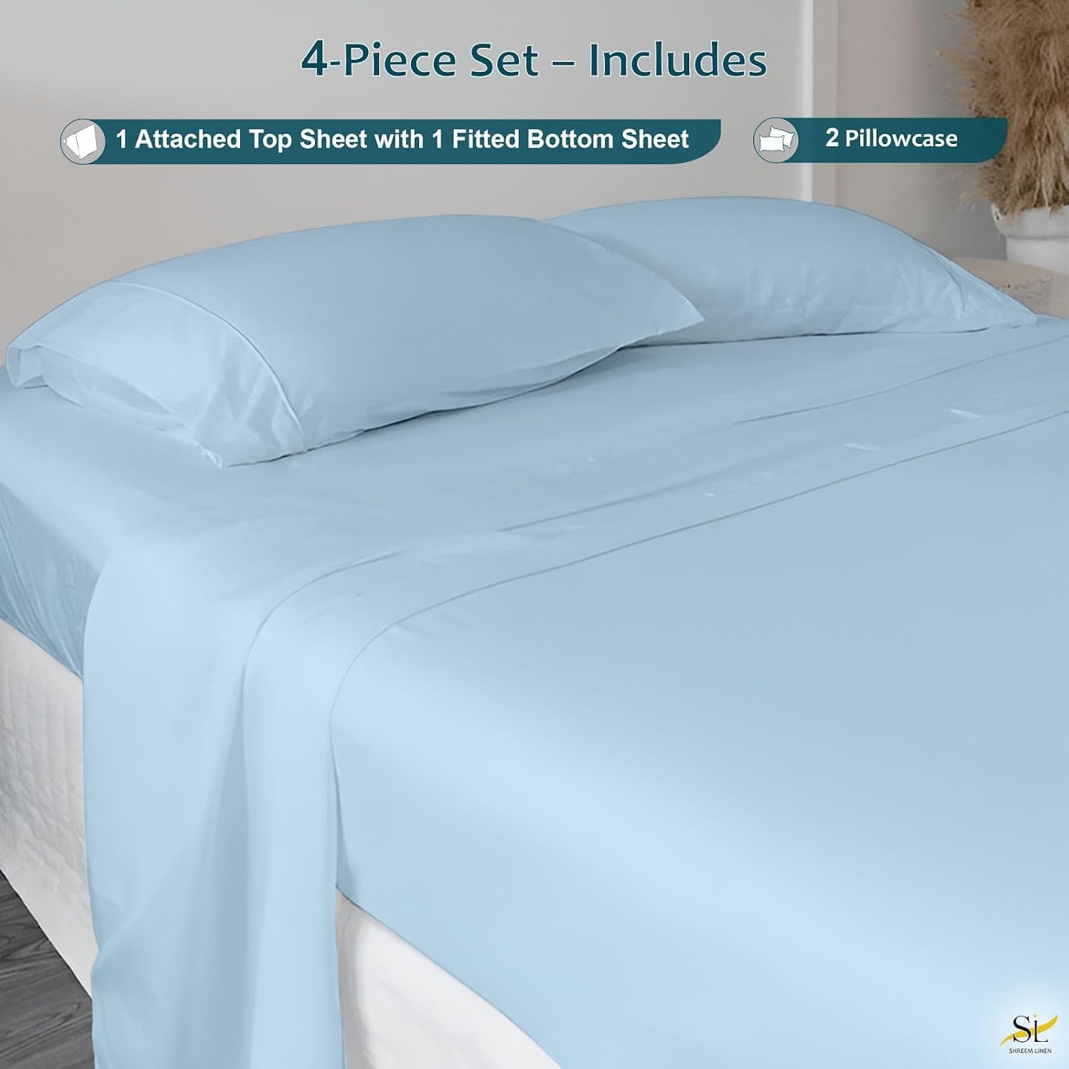 Shreem Linen Queen Waterbed Sheets, 4-Piece 100% Egyptian Cotton Attached Sheet Set with 15" Deep Pocket, Soft & Breathable Bedsheets for Water Beds, Light Blue Solid
