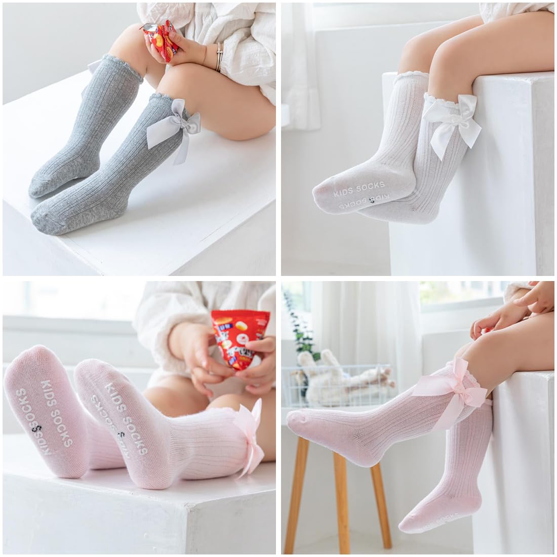 Calze Ginocchio Bambine Con Fiocco - Set 4 Paia Cotone Per 3-5 Anni