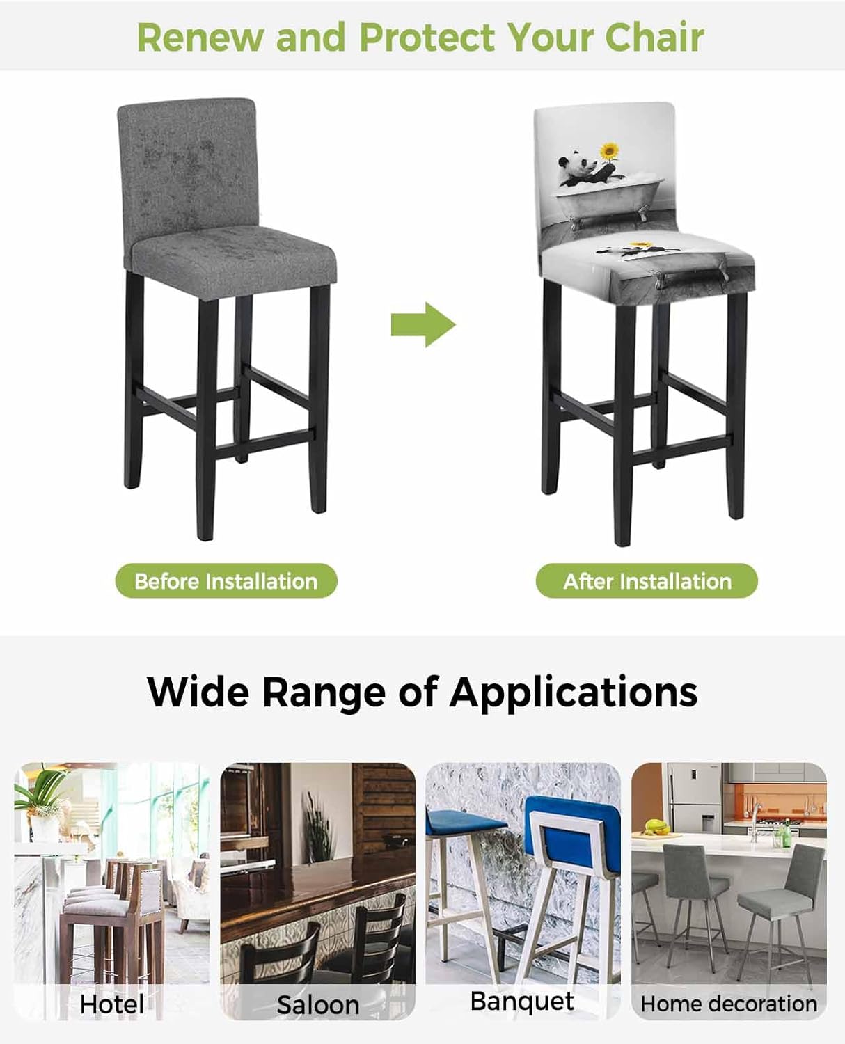 Bar Stool Covers Panda Giraffe Shower on Bathtub Bar Chair Cover Set of 4 Stretch Elastic Chair Covers Sunflower Funny Animal Counter Height Chair Slipcovers Protectors for Kitchen Dining Room Pub