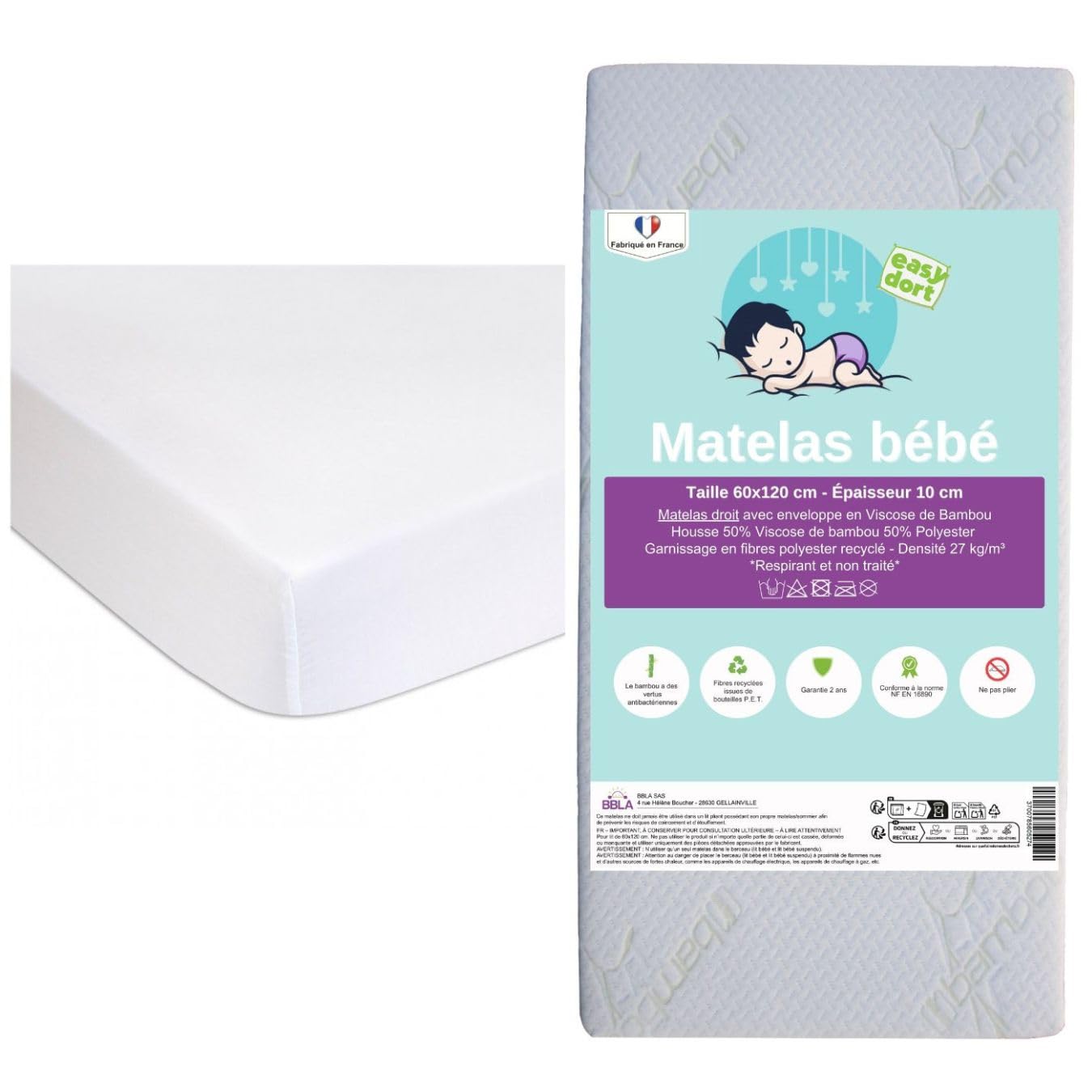 Easy Dort Praktyczny zestaw dla niemowląt | Materac do łóżeczka dziecięcego 60 x 120 Bambusowy parasol + 2 prześcieradła 100% bawełna organiczna | Kompletny zestaw do łóżeczka dziecięcego | Certyfikat