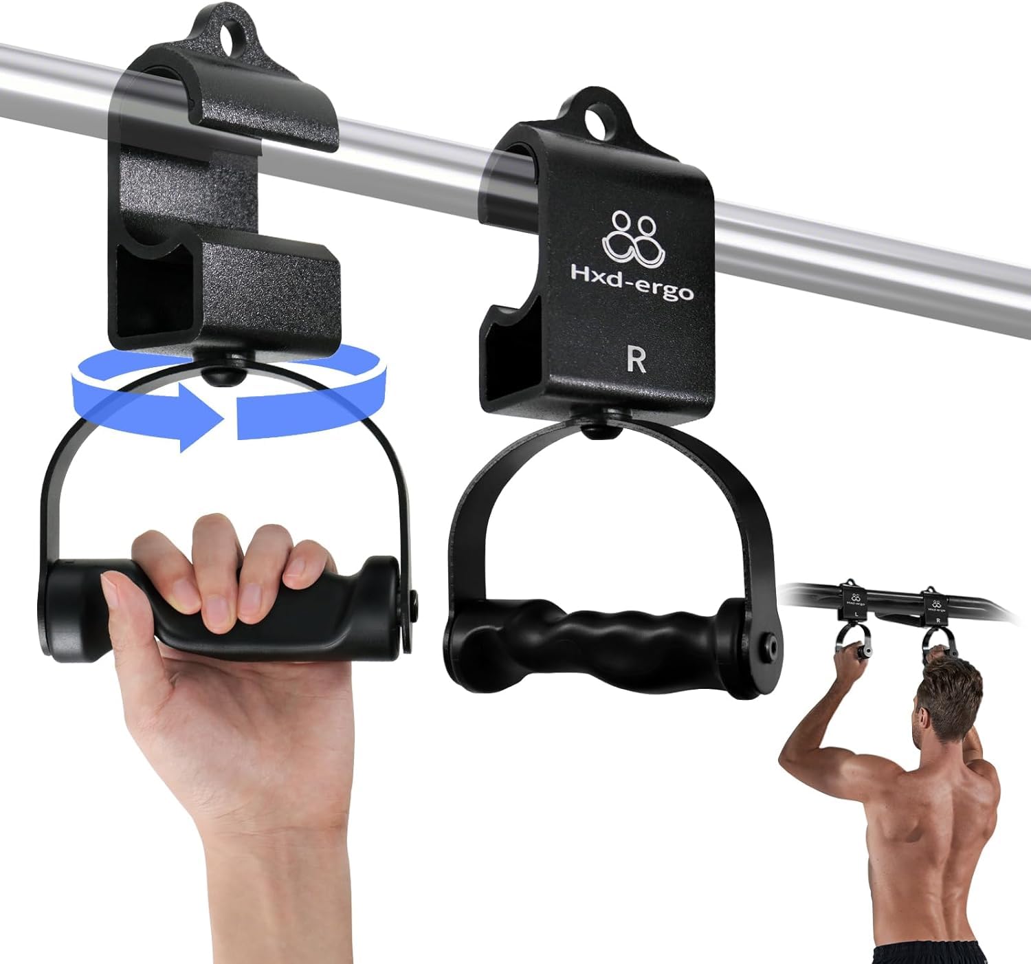 Rotating Pull-Up Handles-Ergonomic Exercise Handle for LAT Pulldown Attachments/Seated Rows/Barbell Handles -Quick Attachment to Bar for Strength Training Workout(Black)