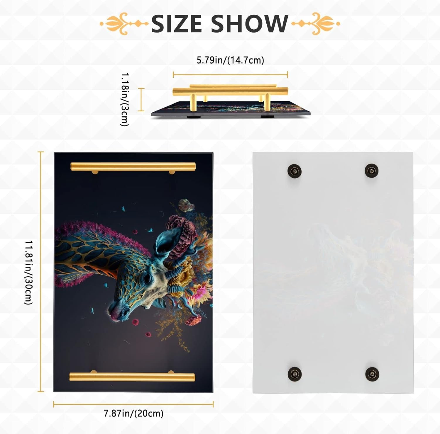 Vanity Tray (Floral Giraffe), Acrylic Decorative Serving Tray Coffee Table Tray with Metal Handles for Bathroom Living Room Bedroom 7.87×11.81 inches