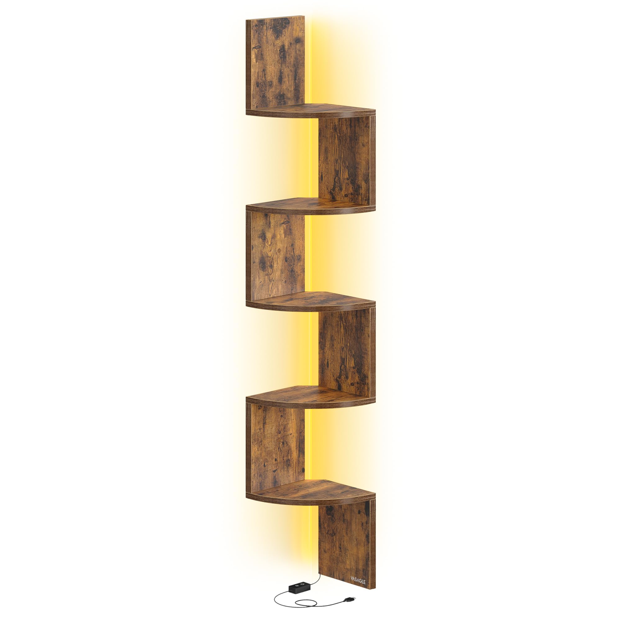 VASAGLE CUSTOS Collezione - Mensola Angolare da Parete con Luci LED RGB, Libreria Galleggiante a 5 Ripiani, per Piante, Bagno, Ufficio, Pulsante e Telecomando, Marrone Vintage LBC630K01