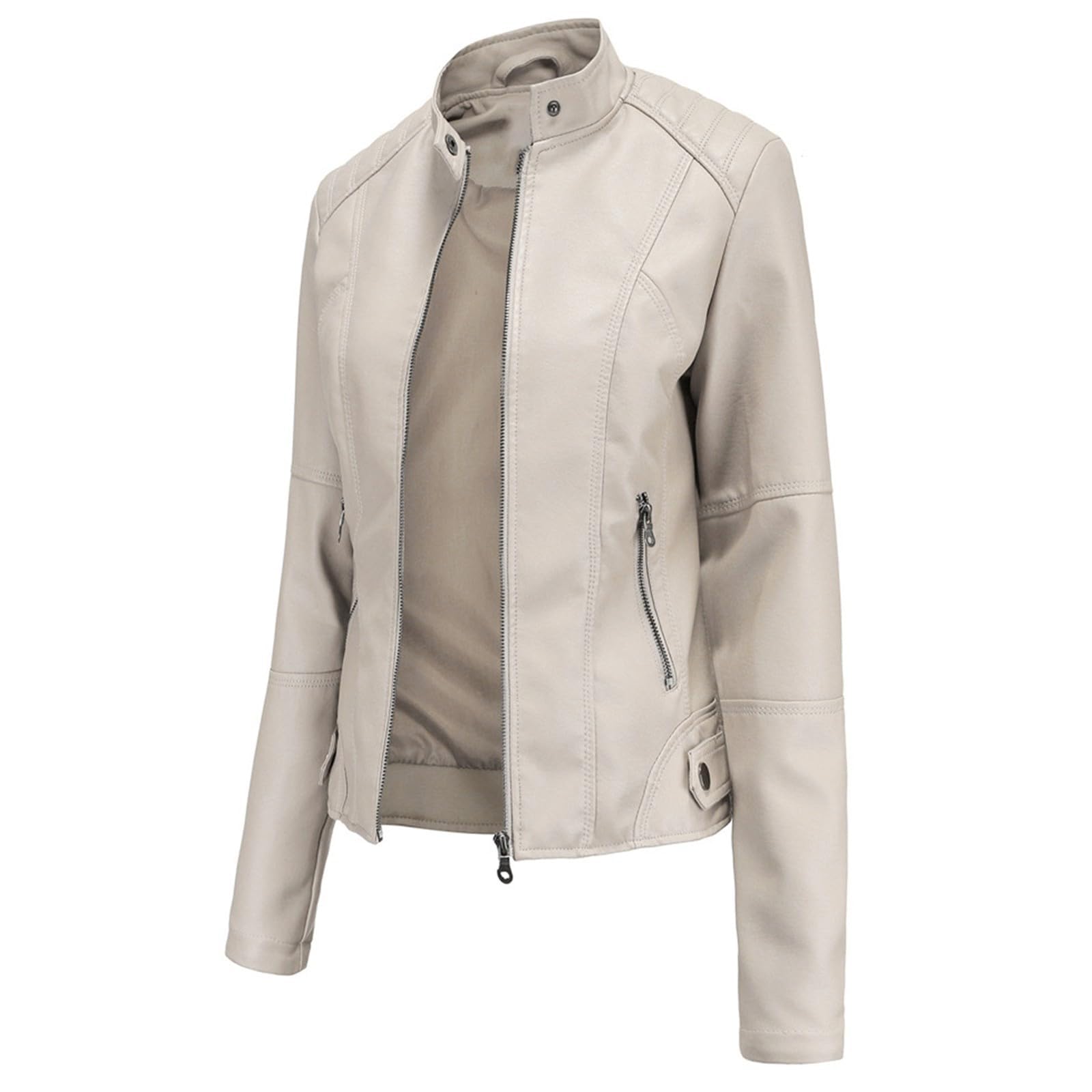 Veste courte en cuir pour femme - Col montant - Veste en cuir synthétique - Fermeture éclair - Grande taille - Veste en cuir pour femme - Automne et hiver - Veste demi-saison en cuir synthétique