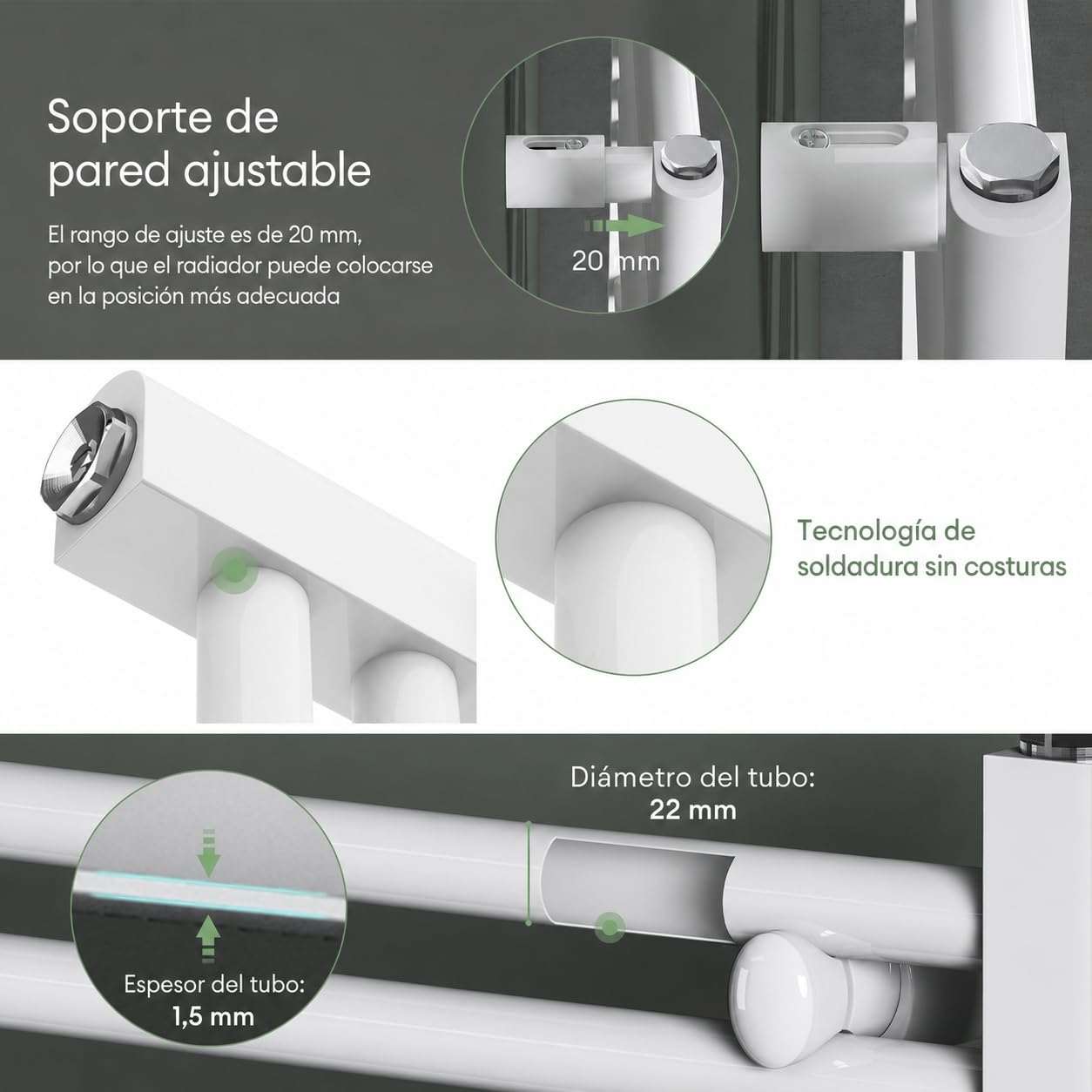 Mai & Mai Radiador de Baño Toallero Eléctrico Bajo Consumo 140x50cm Calentador Horizontal Calefacción Eléctrica Blanco con Elemento Calefactor Eléctrico 800W