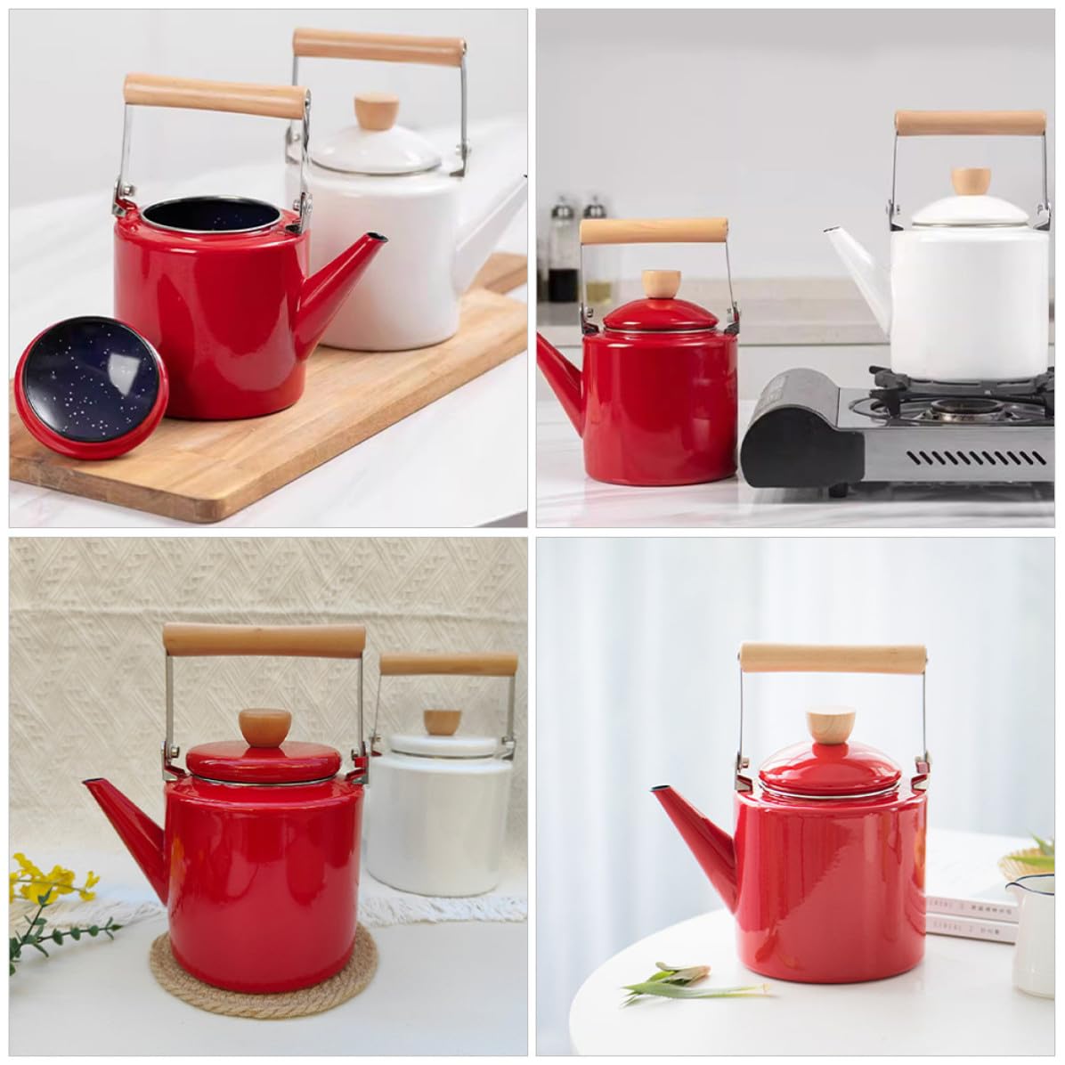 Tetera de Cocina de Esmalte 2, 4 L Mango de Madera Roja