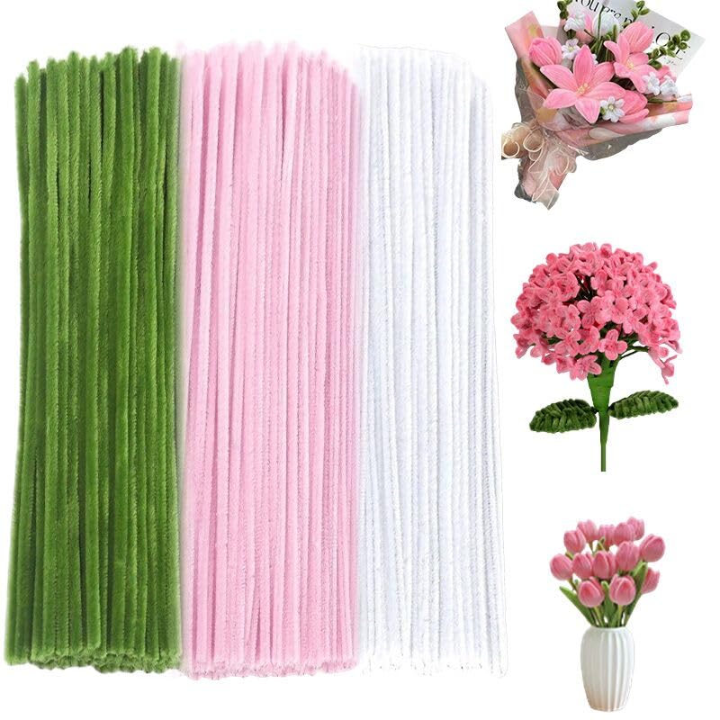 300 PCS Pipe Cleaners Craft Supplies Pink,Green,White Color Lily Flowers Thick Chenille Stems for Art and Crafts Projects Creative DIY Decorations Pink Lily Color