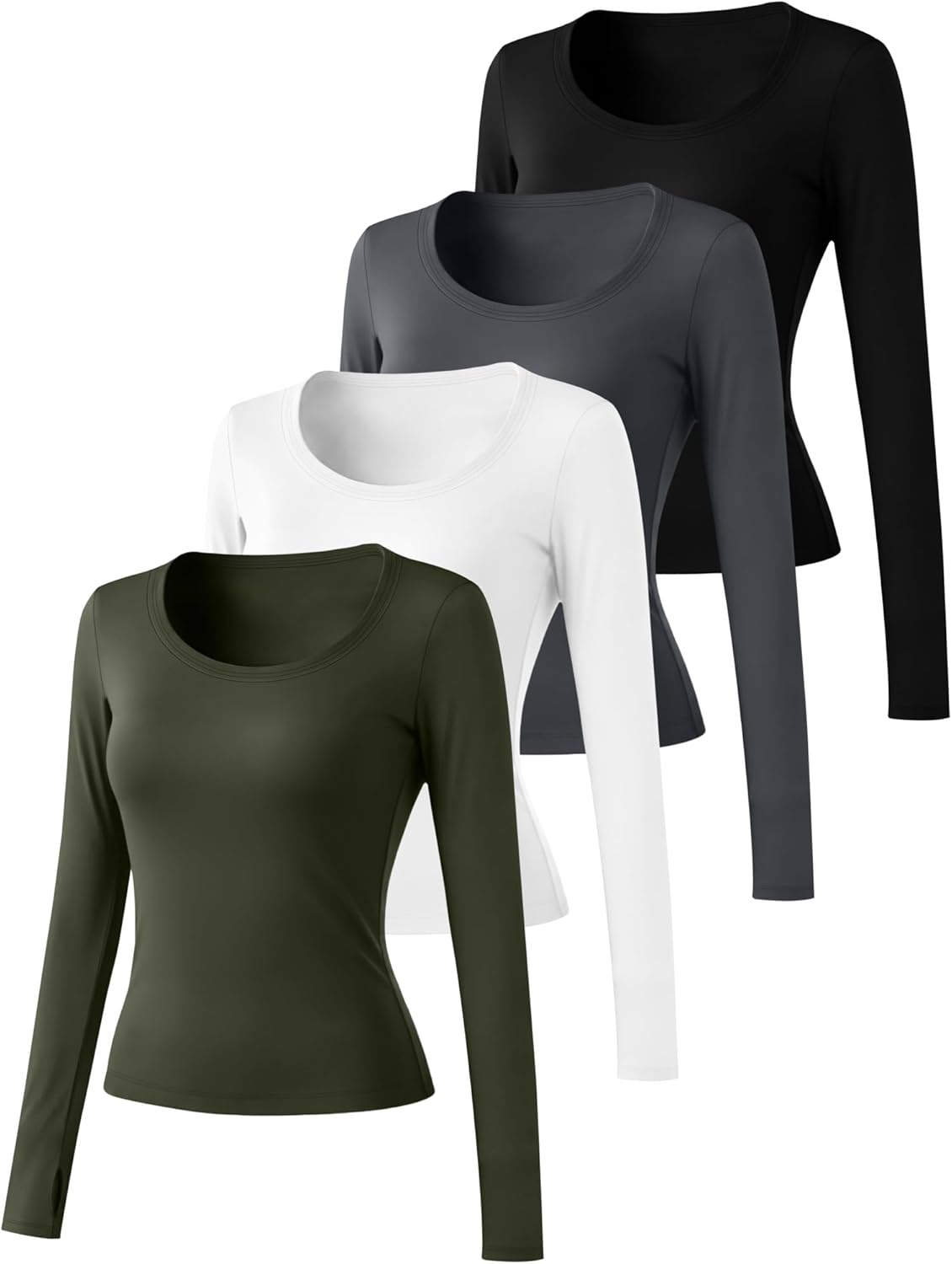 4 Pack Women's Workout Tops Long Sleeve Compression Shirts U Neck Slim Athletic Yoga Basic Shirt with Thumb Holes - Image 3