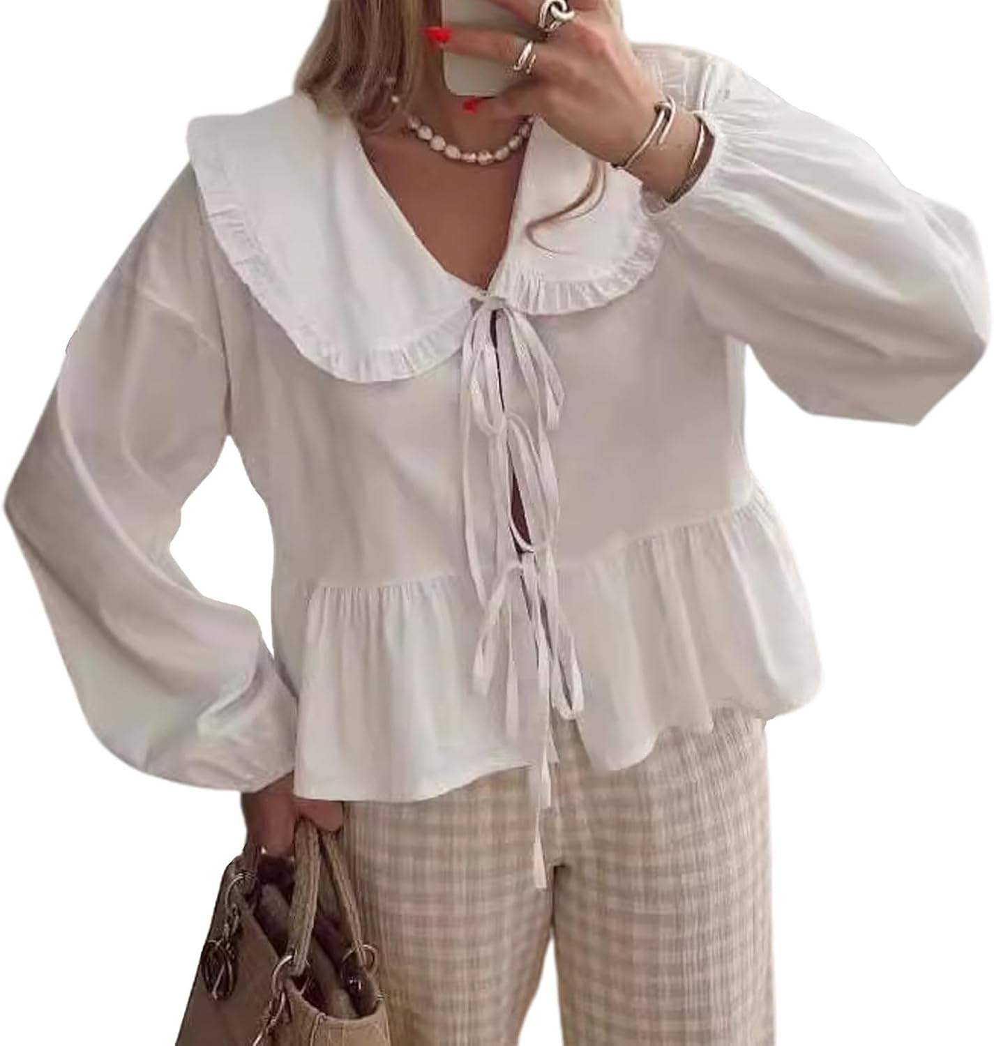 Tie Front Tops for Women Ruffle Babydoll Peplum Bow Top Puff 