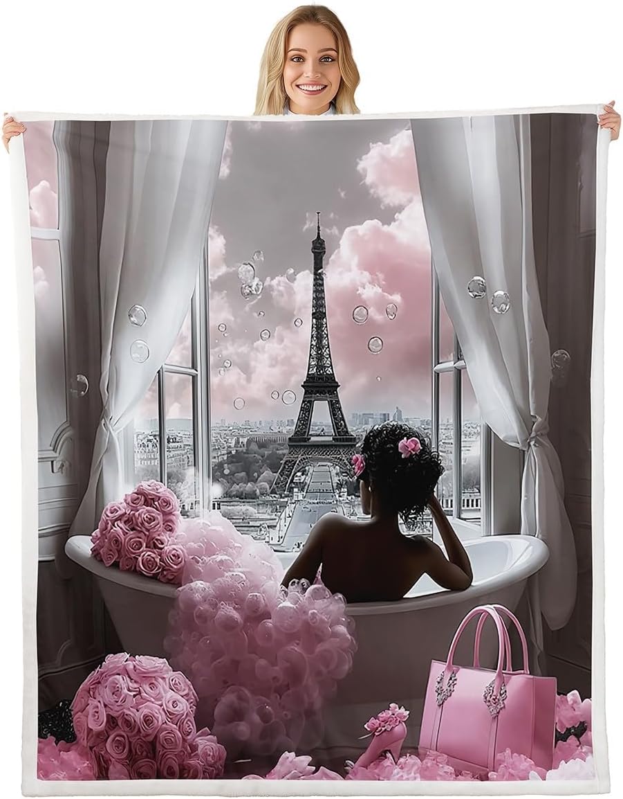 Erosebridal Pink Paris Blankets and Throws,Eiffel Tower Rose Blanket Throw for Girls,Pink Floral Butterfly Fuzzy Blanket 60"x80",Princess French Style Decor for Bed Couch