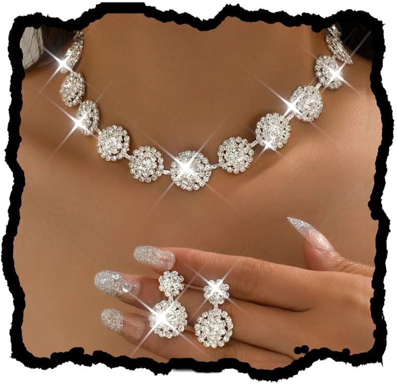 Unicra Bridal Wedding Jewelry Set Silver Rhinestone Necklace Earrings Sets Formal Costume Jewelry for Women and Brides