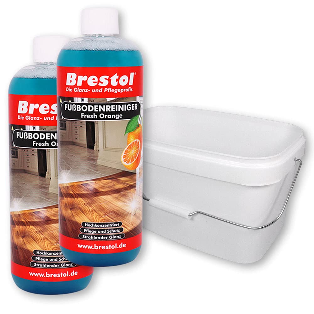 BRESTOL® Bodenreiniger Orangenfrische 2x 1 L + Eimer 10 L - Konzentrat für 500 Anwendungen - Kraftvolle Reinigung & Frischer Duft für Fliesen Laminat Parkett Steinböden PVC Linoleum uvm.