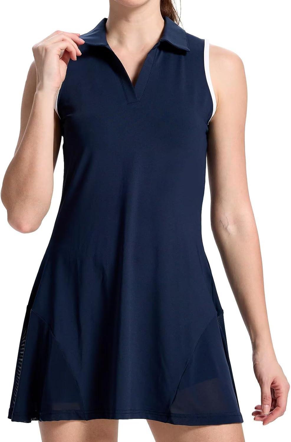 Women's Tennis Dress with Removable Pocket Shorts, Dual V/Polo Collar & Flowy Mesh-Panel Dress for Golf Yoga Workout