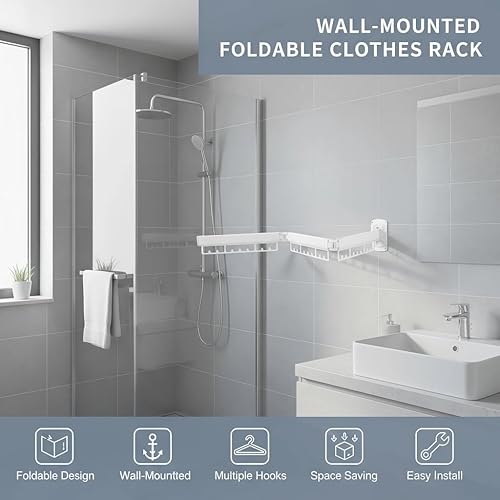 Miniatura 3 de Estante de secado de ropa montado en la pared, plegable y retráctil, estante colgante de lavandería, ahorro de espacio, para interiores y