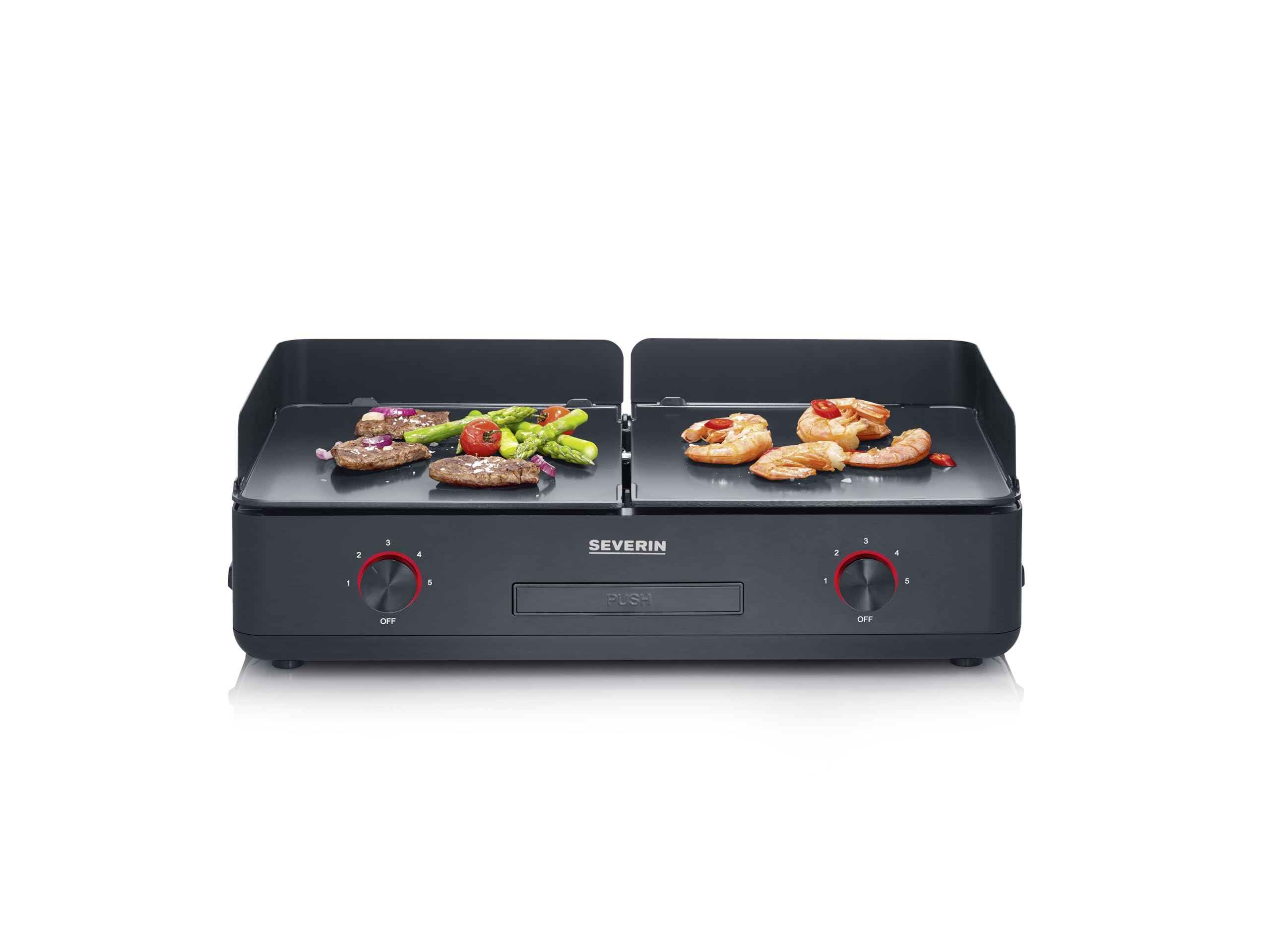 SEVERIN Plancha réglable jusqu'à 240°C, 2 200 W, Plaque de cuisson au revêtement céramique pour viandes, poissons & légumes, Gril électrique avec bac récupérateur de graisse amovible, Noir, PG 8569