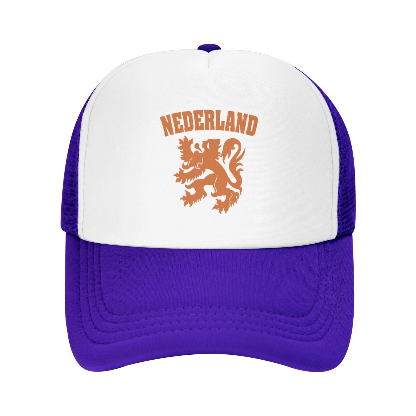 Netherlands Flag Lion Dutch Pride Trucker Hat Summer Mesh Cap with Adjustable Snapback Strap Unisex Purple