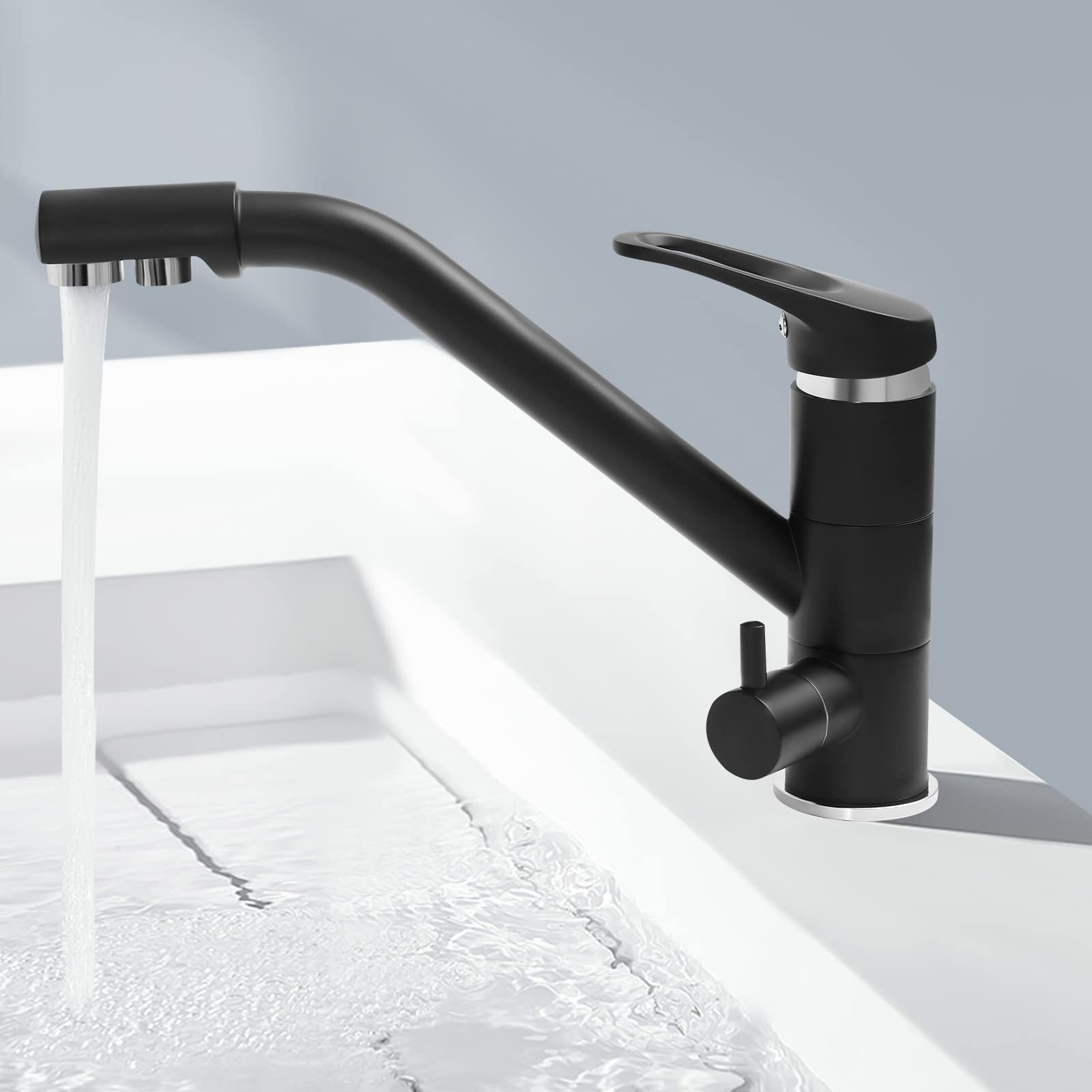 Grifo de 3 vías, grifo de agua potable, giratorio 360°, grifo mezclador de cocina con dos asas de control, grifo mezclador de cocina 3 en 1, adecuado para baños, lavabos