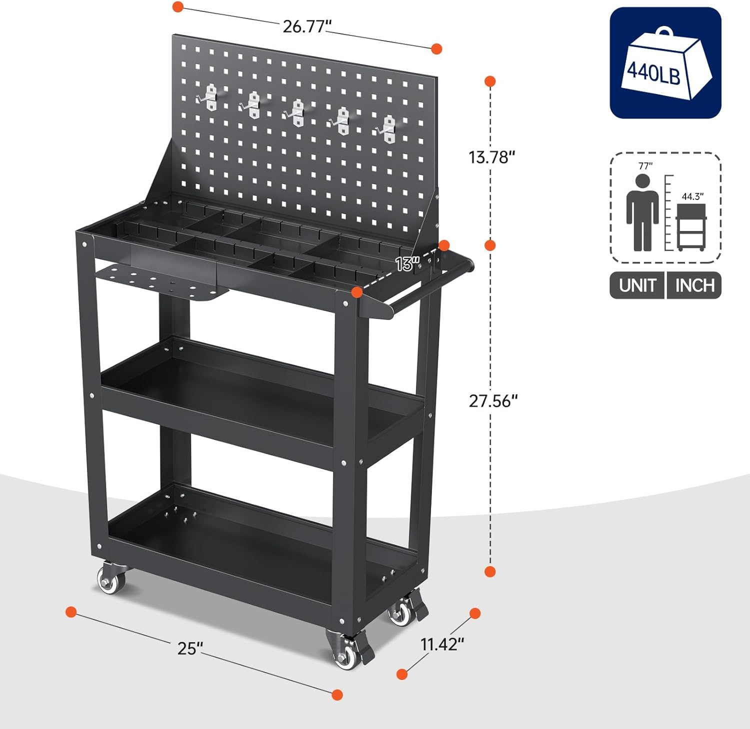 Yizosh 3 Tier Rolling Tool Cart on Wheels, 440 LBS Capacity Heavy Duty Metal Utility Cart Wagon, Industrial Commercial Service Tool Cart Storage Organizer for Mechanics, Garage, Warehouse