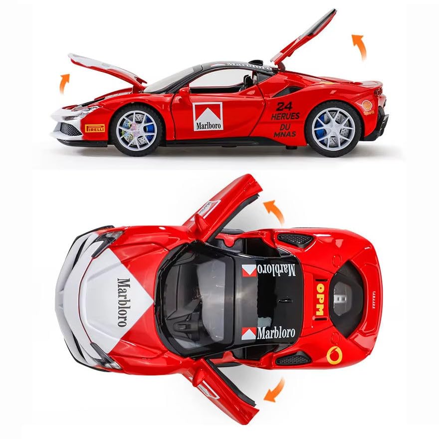 Image of Alokik Enterprise 1:32 Marbloro Ferrari SF90 Sport Die-cast Metal Pull Back Car with 2 Openable Doors with Lights and Sound Toy Decoration, Showpiece Car Best Gift Toys for Kids 【Red】