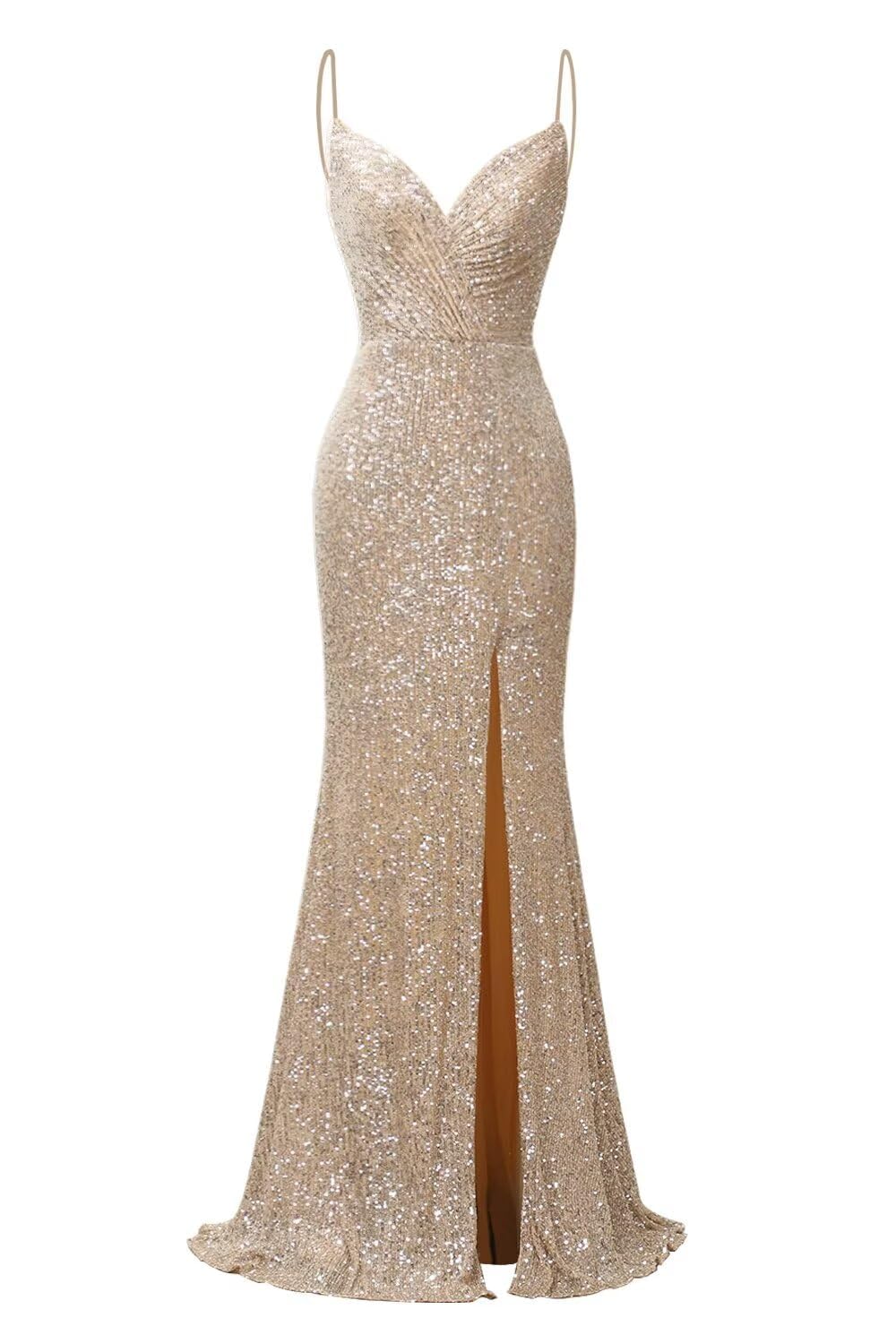 KURFACE Champagne Sequin Bridesmaid Dresses for Wedding Party Sexy Mermaid Formal Evening Party Gown Prom Dress UK12