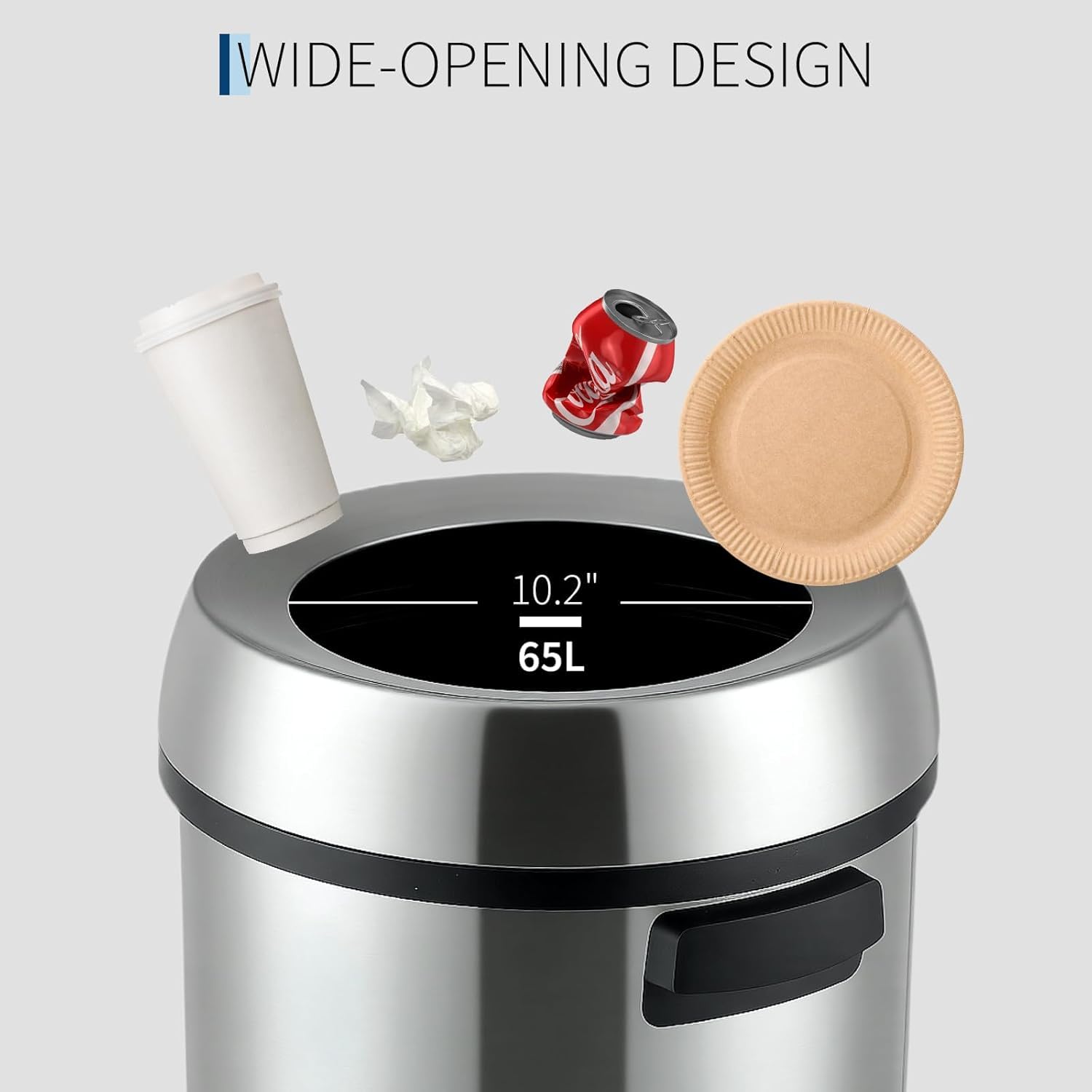 65L/17 Gal Commercial Trash Can, Round Open Top Waste Bin, Large Stainless Steel Garbage Can, Wide Open and Dual Side Handle Design, for Office Bedroom Restaurant